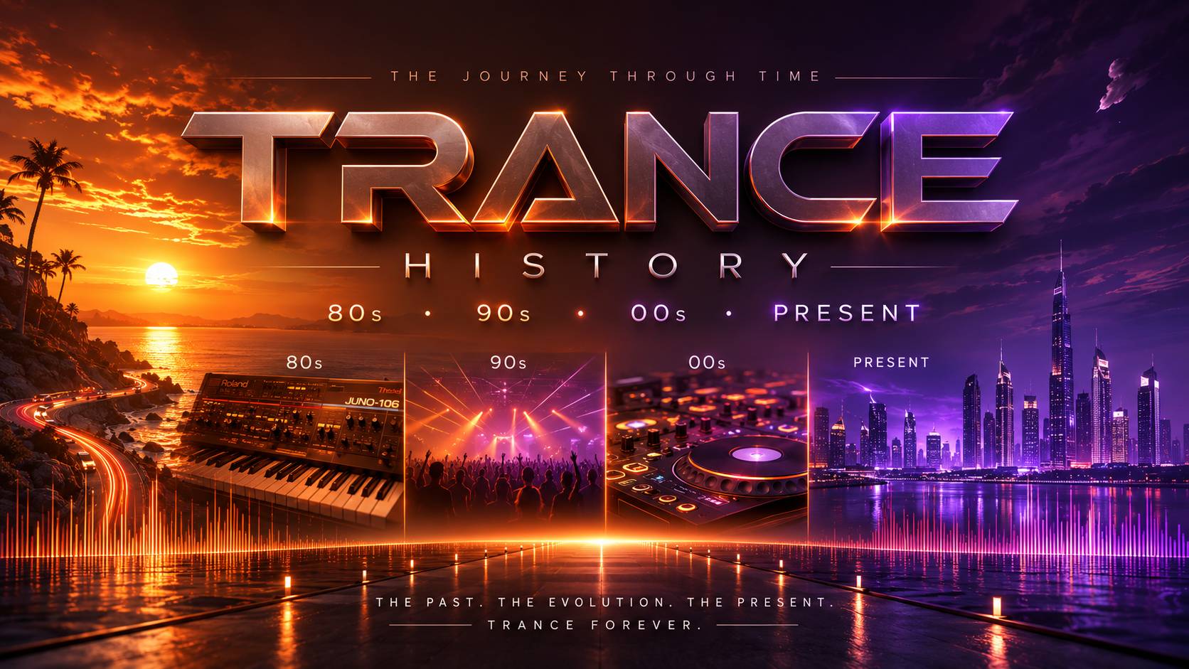 Trance music history feature artwork spanning Frankfurt, Berlin, Goa and Amsterdam